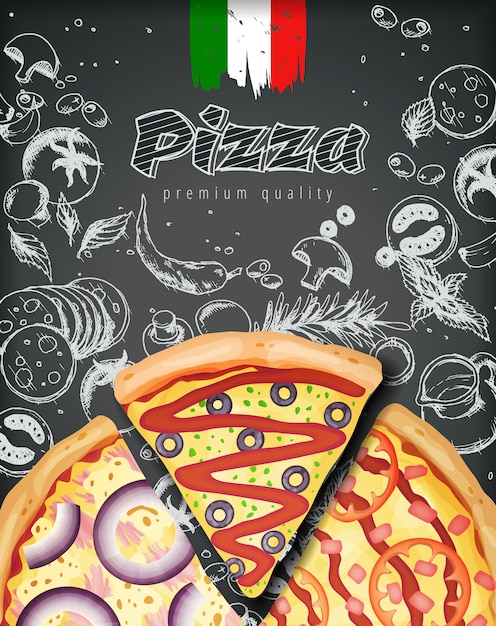 刻まれたスタイルのチョーク落書きにイタリアのピザ広告またはイラストが豊富なトッピング生地のメニュー プレミアムベクター