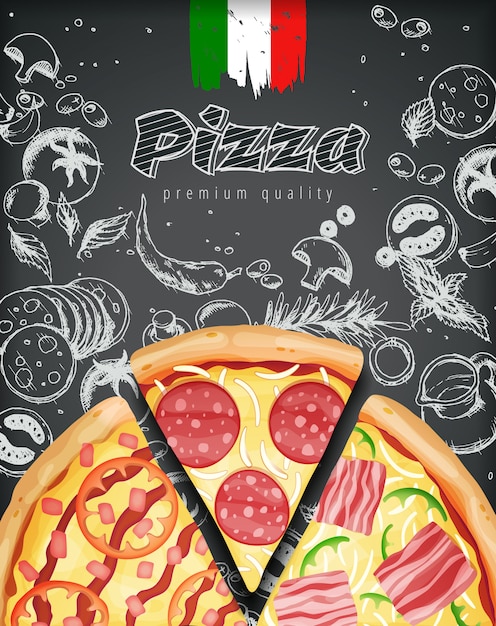イラスト豊富なトッピング生地を使ったイタリアのピザ広告またはメニュー プレミアムベクター