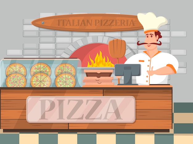 Premium Vector | Italian pizzeria interior banner in cartoon style