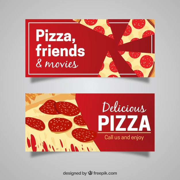 Italian restaurant banners with slices of\
pizza