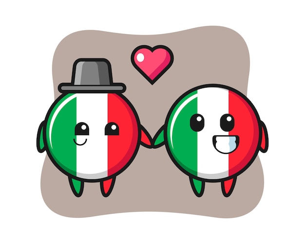 恋に落ちるジェスチャー かわいいスタイル ステッカー ロゴの要素を持つイタリアの旗バッジ漫画キャラクターカップル プレミアムベクター