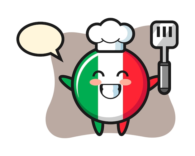 シェフがイタリアの旗バッジキャライラストが料理 かわいいスタイル ステッカー ロゴ要素 プレミアムベクター