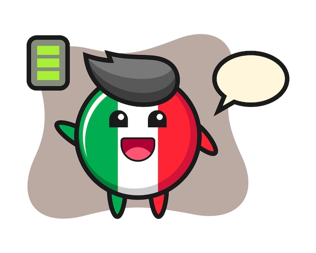 エネルギッシュなジェスチャー かわいいスタイル ステッカー ロゴの要素を持つイタリアの旗バッジマスコットキャラクター プレミアムベクター
