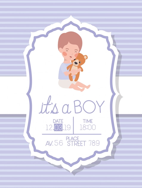 Download Its a boy baby shower card with kid and bear teddy Vector ...