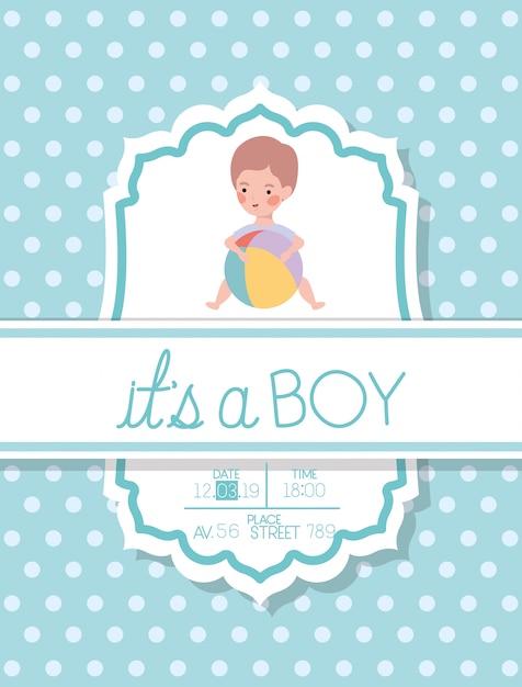 Its a boy baby shower card with kid and plastic balloon Free Vector