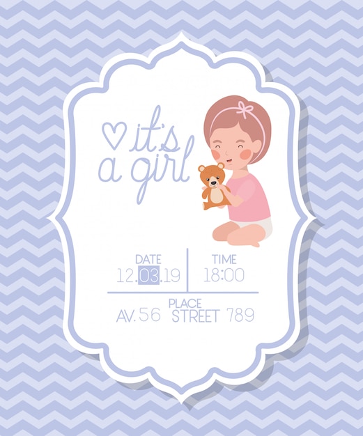 Its a girl baby shower card with kid and bear teddy Free Vector