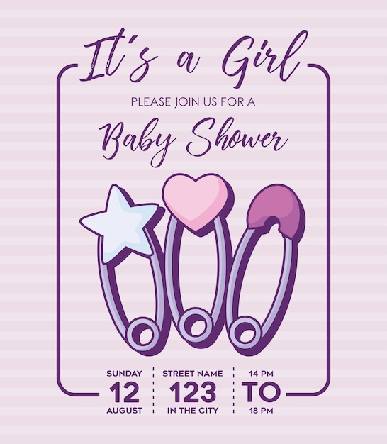 Premium Vector Its A Girl Baby Shower Invitation With Baby Pins Icon Over Purple Background Colorful Design Vecto