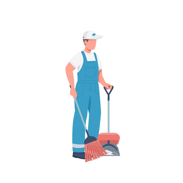 Premium Vector Janitor With Broom Flat Color Faceless Character Cleaner Sweeping Floor 