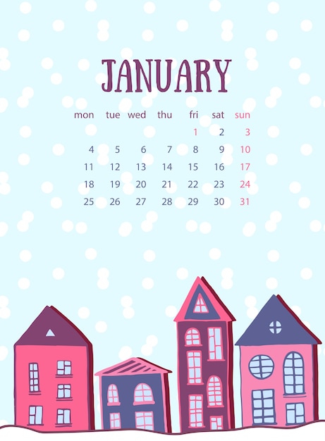 Premium Vector | January calendar template. winter street ...
