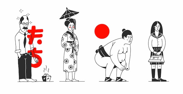 日本 アジアの人々との漫画イラスト 日本語の文字 白い背景 男 女 相撲取り 女子高生 アウトラインスタイル プレミアムベクター