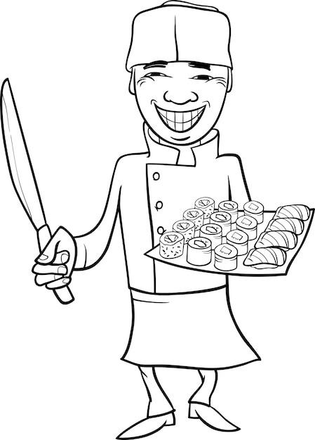 Download Japan sushi chef cartoon coloring page Vector | Premium ...