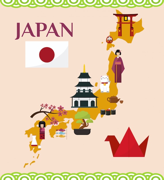 プレミアムベクター 日本の観光と旅行のイラスト 日本のランドマークとシンボルと日本の地図 厳島神社 旗 桜 塔 盆栽 招き猫