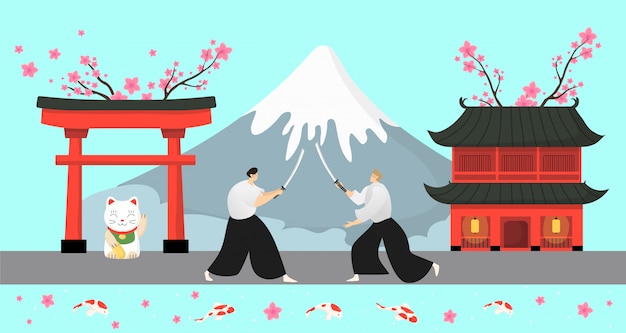 日本の伝統的な要素 武士のイラスト アジアの国の風景 桜塔と雪に覆われた山 プレミアムベクター