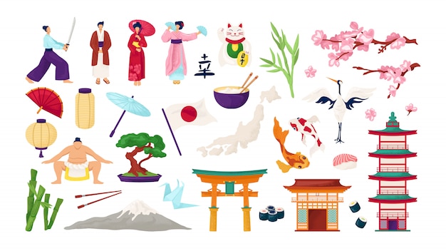日本の旅行と日本の文化のイラストのセット。日本の建築の伝統的なシンボル、鳥居、桜、芸者、武士。提灯、富士、寿司、鯉の鯉。 | プレミアムベクター