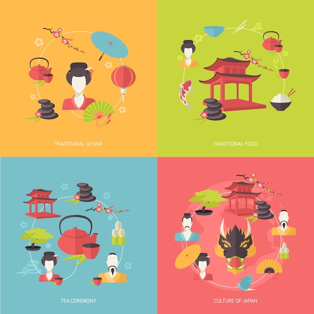 日本の旅行アイコンは 伝統的な芸者の茶道文化隔離されたベクトルイラストとフラットセット 無料のベクター