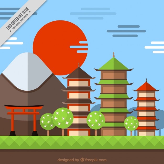 Japanese background of landscape at sunset in
flat style