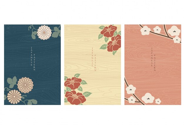 花の要素のベクトルと日本の背景 アジアンデザインの木製の質感 プレミアムベクター