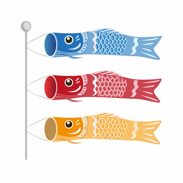 日本の子供の日鯉のぼり 3つのカラーイラストの魚鯉フラグ プレミアムベクター