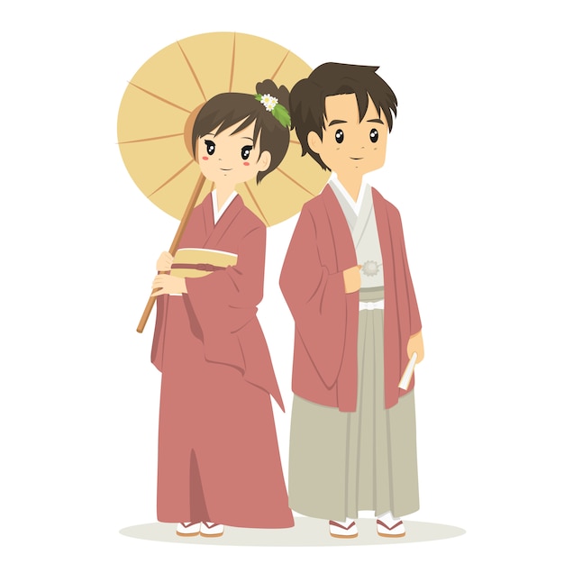 Japanese couple in traditional kimono dress, cartoon vector. | Premium ...