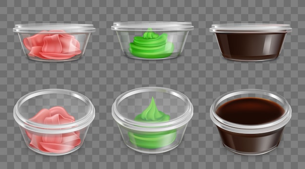 Japanese cuisine spices, sauces packaging vector Free Vector