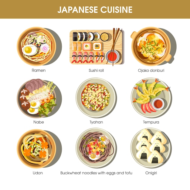 Premium Vector | Japanese cuisine traditional dishes vector flat icons set