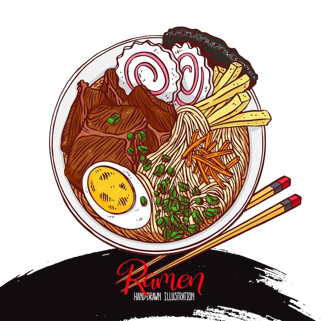 日本食 食欲をそそるカラフルなラーメン 手描きイラスト プレミアムベクター