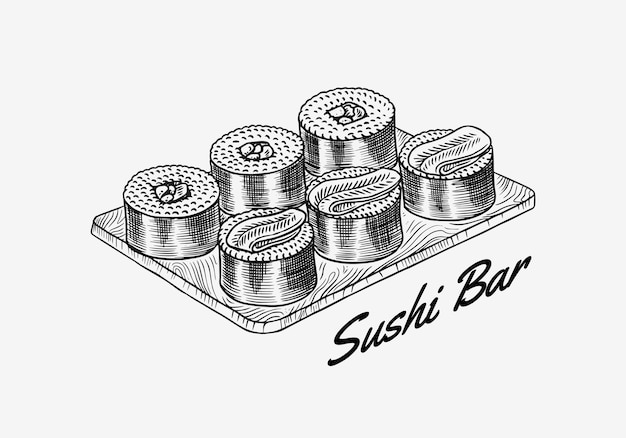 日本食 寿司バーまたはロールパンセット アジア料理レストランのベクトルイラスト 手描きの刻印 プレミアムベクター
