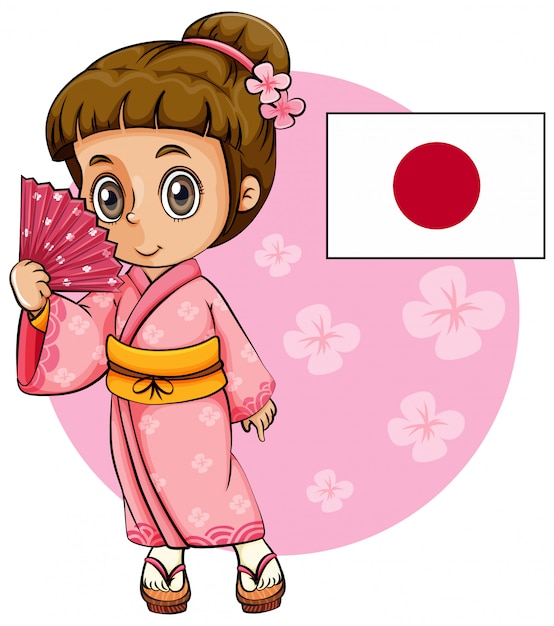 ピンクの着物と日本の国旗の日本の女の子 無料のベクター