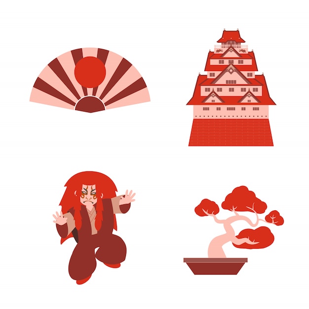 Japanese kabuki set with castle and player bonsai vector Premium Vector