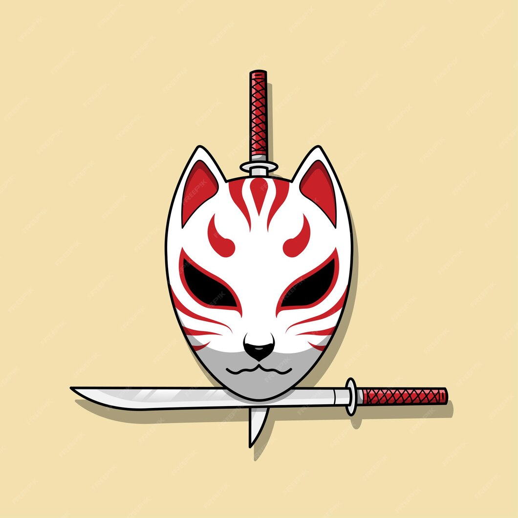 Premium Vector | Japanese kitsune mask with katana sword vector ...