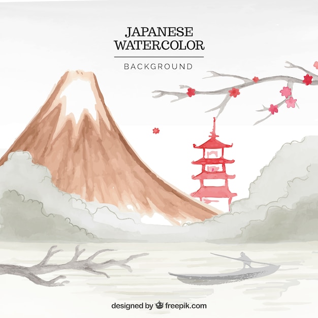 Japanese mountainous landscape background with\
watercolor temple