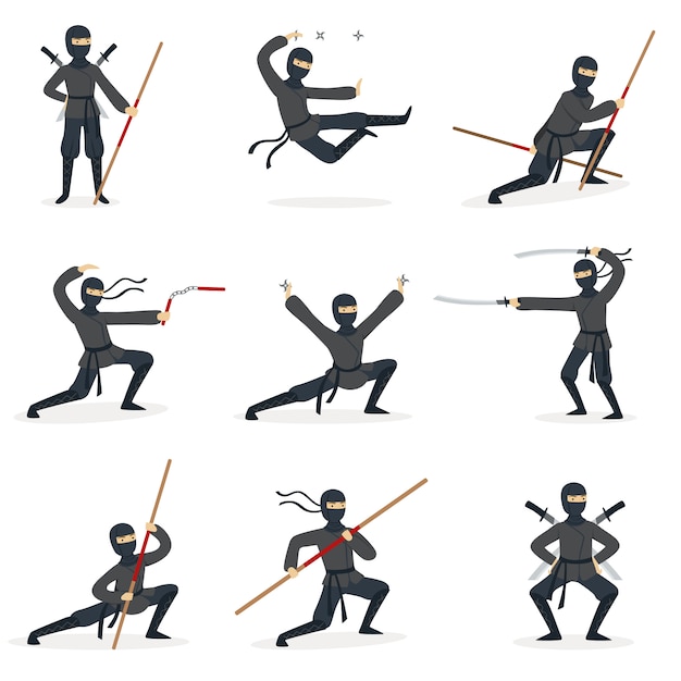 イラストの異なる武器セットで忍術武道の姿勢を実行するフルブラックの衣装で日本の忍者暗殺者 プレミアムベクター