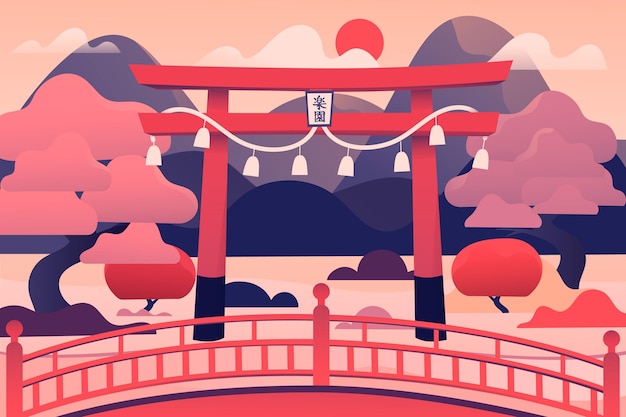 日本の鳥居とピンクの木 無料のベクター