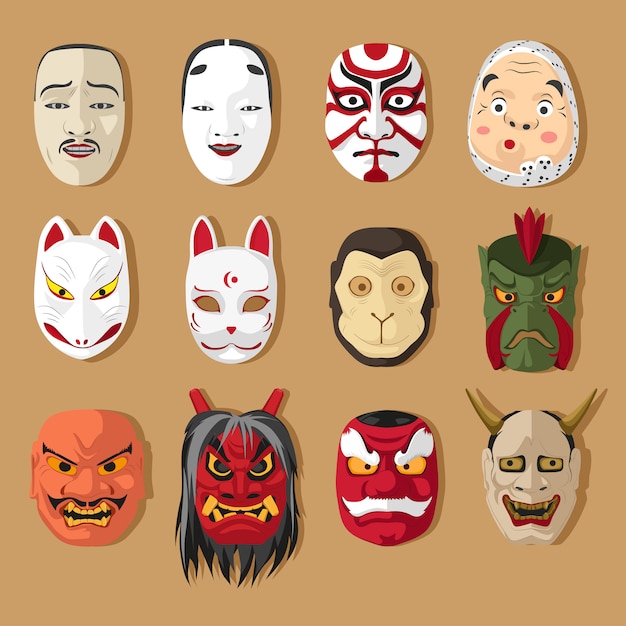Japanese traditional mask set | Premium Vector
