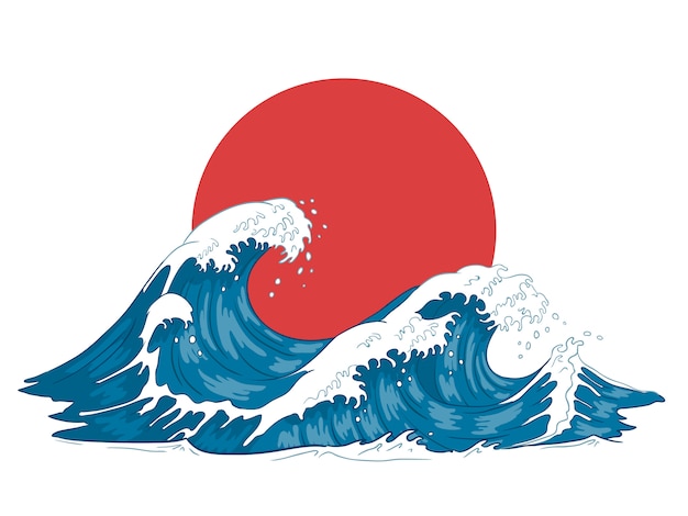 日本の波 日本の大きな波 荒れ狂う海とヴィンテージの海の水のイラスト プレミアムベクター