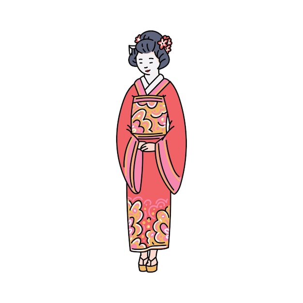 赤い伝統的な服や着物の漫画のキャラクターの日本人女性は 白い背景のイラストをスケッチします アジアの東洋文化のシンボル プレミアムベクター