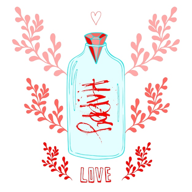 創造的なレタリングで恋の瓶 かわいいベクトルロマンチックな背景 バレンタインデーカードまたはポスター プレミアムベクター