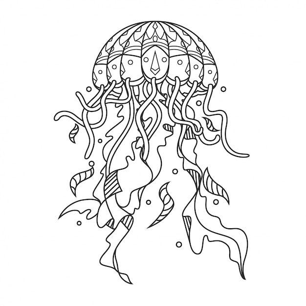 Jellyfish mandala zentangle illustration in lineal style | Premium Vector