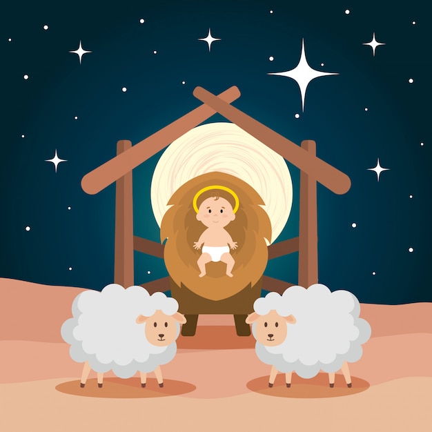 Premium Vector Jesus Baby In Stable With Sheeps