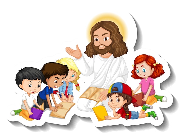 Free Vector | Jesus christ with children group sticker on white background