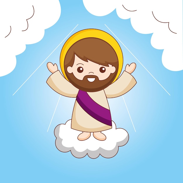 空の間の雲の上のイエス イエスの天国への昇天 漫画イラスト プレミアムベクター