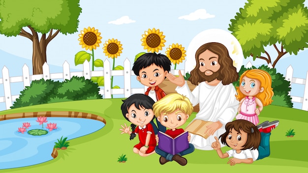 Premium Vector | Jesus with children in the park