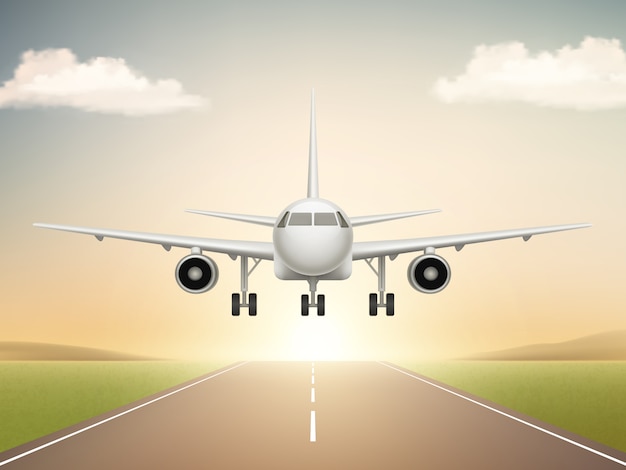 滑走路にジェット飛行機 民間航空会社から青空のリアルなイラストへの航空機の離陸 プレミアムベクター