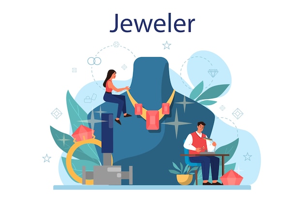 ジュエラーコンセプトイラスト 創造的な人々と職業のアイデア 職場でファセットダイヤモンドを調べる宝石商 貴石を扱う人 ベクトルイラスト プレミアムベクター