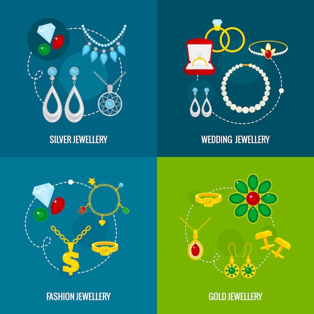 Jewelry icons flat set of silver gold wedding\
fashion jewellery isolated vector illustration