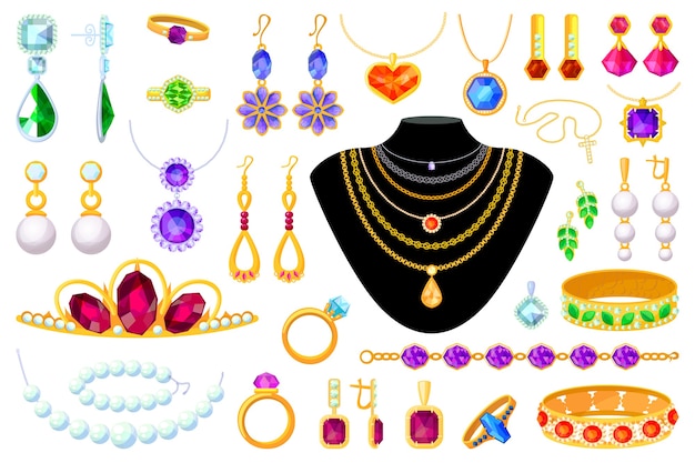 Jewelry item.  tiara, necklace, beads, ring, earrings, bracelet, brooch, chain and pendant illustrat