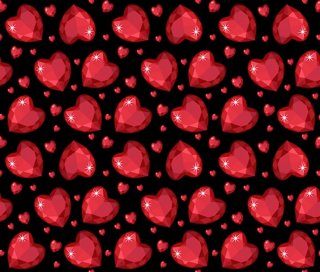 ジュエリールビーの赤いハートのシームレスなパターン 鮮やかな 宝石の心の無限の背景 テクスチャ 壁紙 バレンタイン デー 図 プレミアムベクター