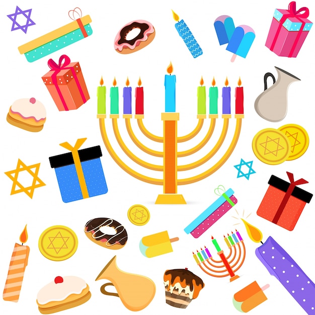 Jewish holiday Hanukkah with menorah (traditional Candelabra), donut ...