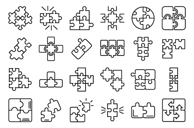 Jigsaw icons set, outline style Premium Vector