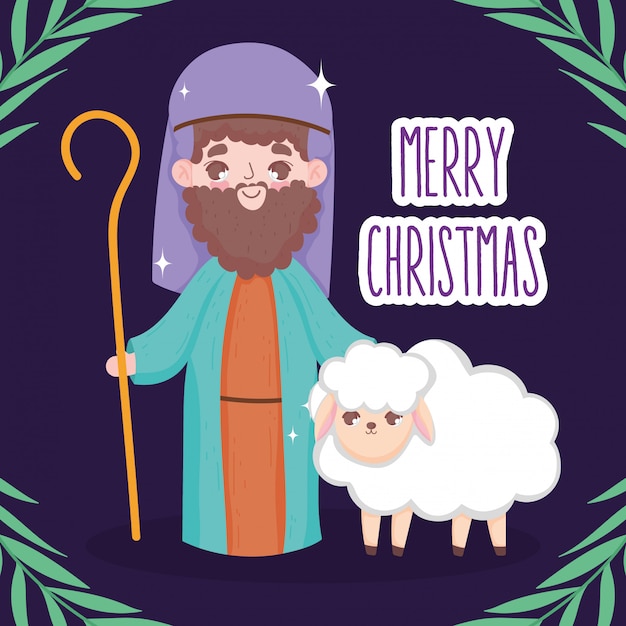 ジョセフと羊飼いのキリスト降誕 メリークリスマス プレミアムベクター